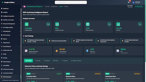 Archiving Intelligence Report - Analysis overview with database reduction metrics, annual savings, and balanced wave strategy